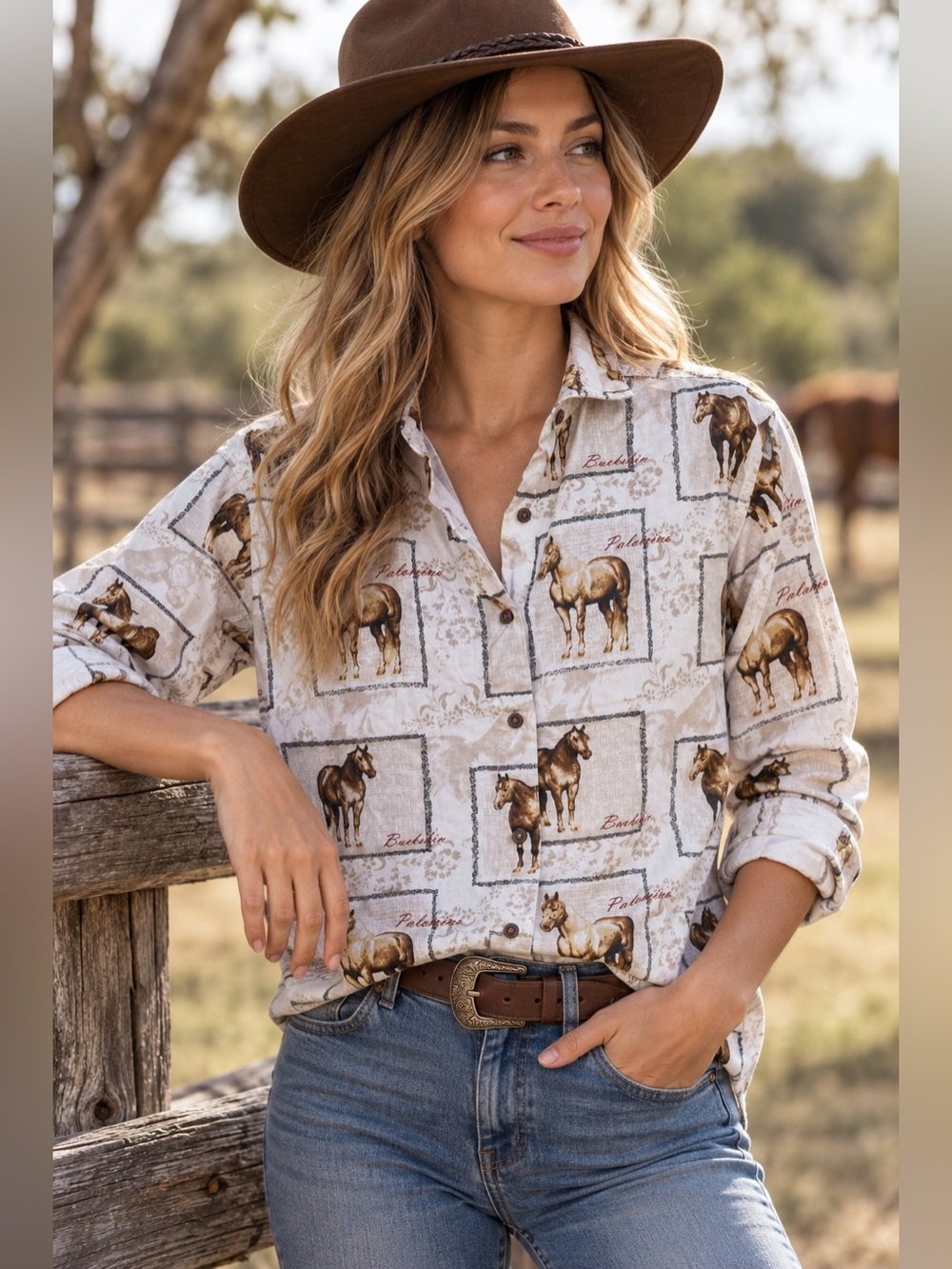 Vintage Horse Print Button Down M Western Equestrian Cowgirl Ranch Shirt Coastal